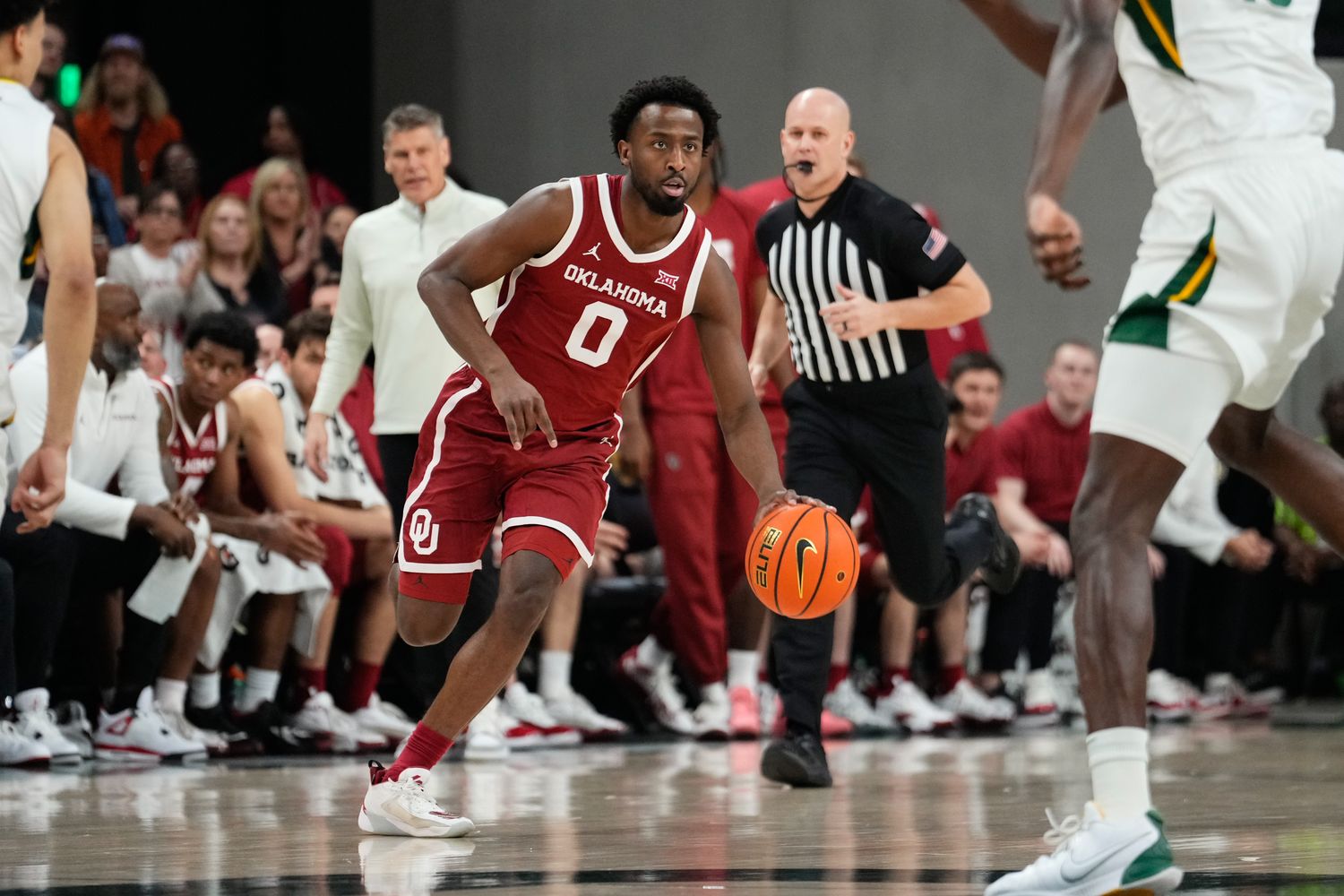 Feb 13, 2024; Waco, Texas, USA; Oklahoma Sooners guard Le'Tre Darthard (0) dribbles the ball upcourt against the Baylor Bears during the first half at Paul and Alejandra Foster Pavilion. Mandatory Credit: Chris Jones-USA TODAY Sports  